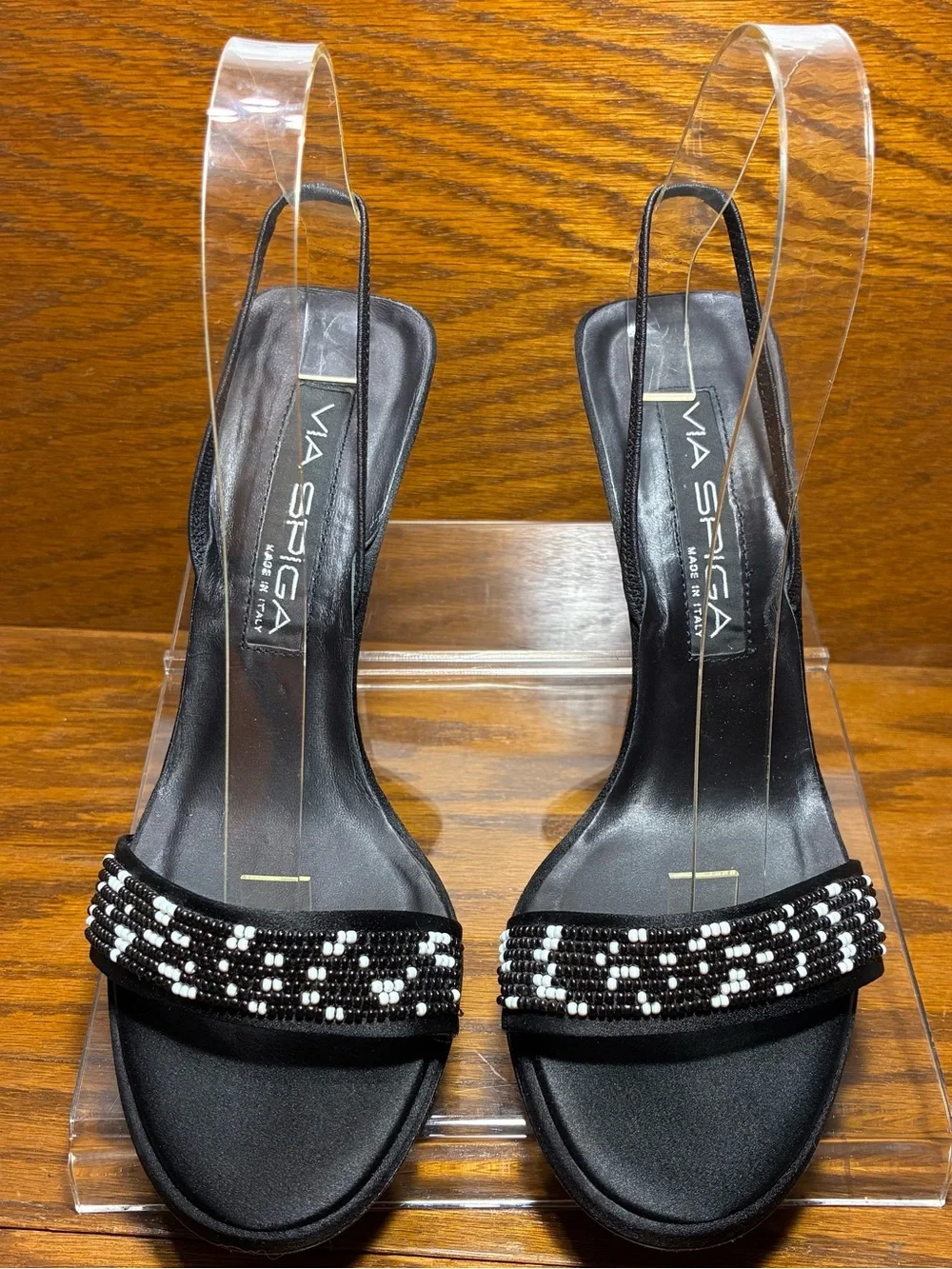 Y2K Via Spiga ITALY MADE Beaded Satin Slingback Flared Heel Sandals Black Size 8